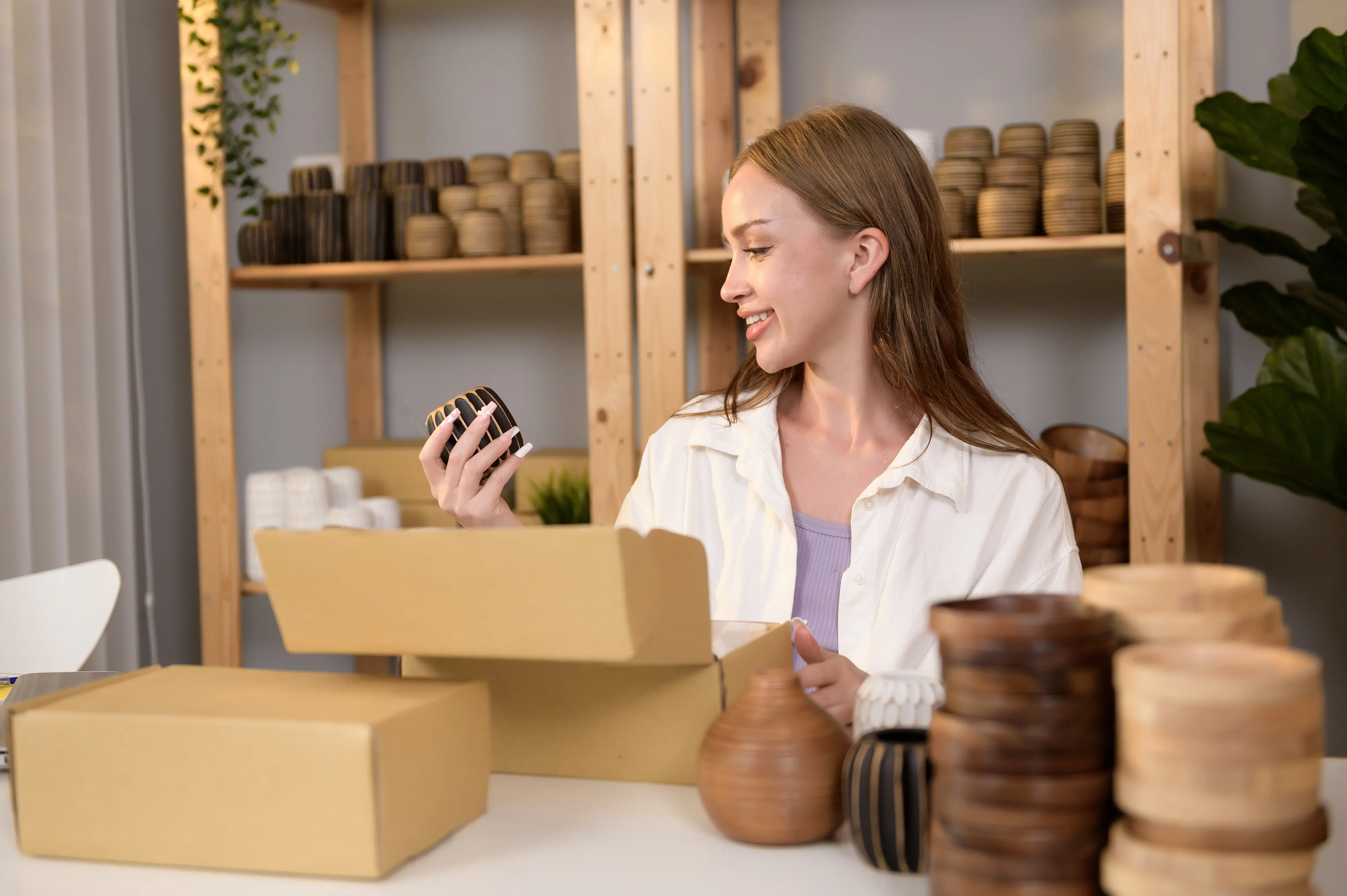 Eine junge, hübsche Unternehmerin beim Prüfen und Verpacken von Handwerksprodukten.