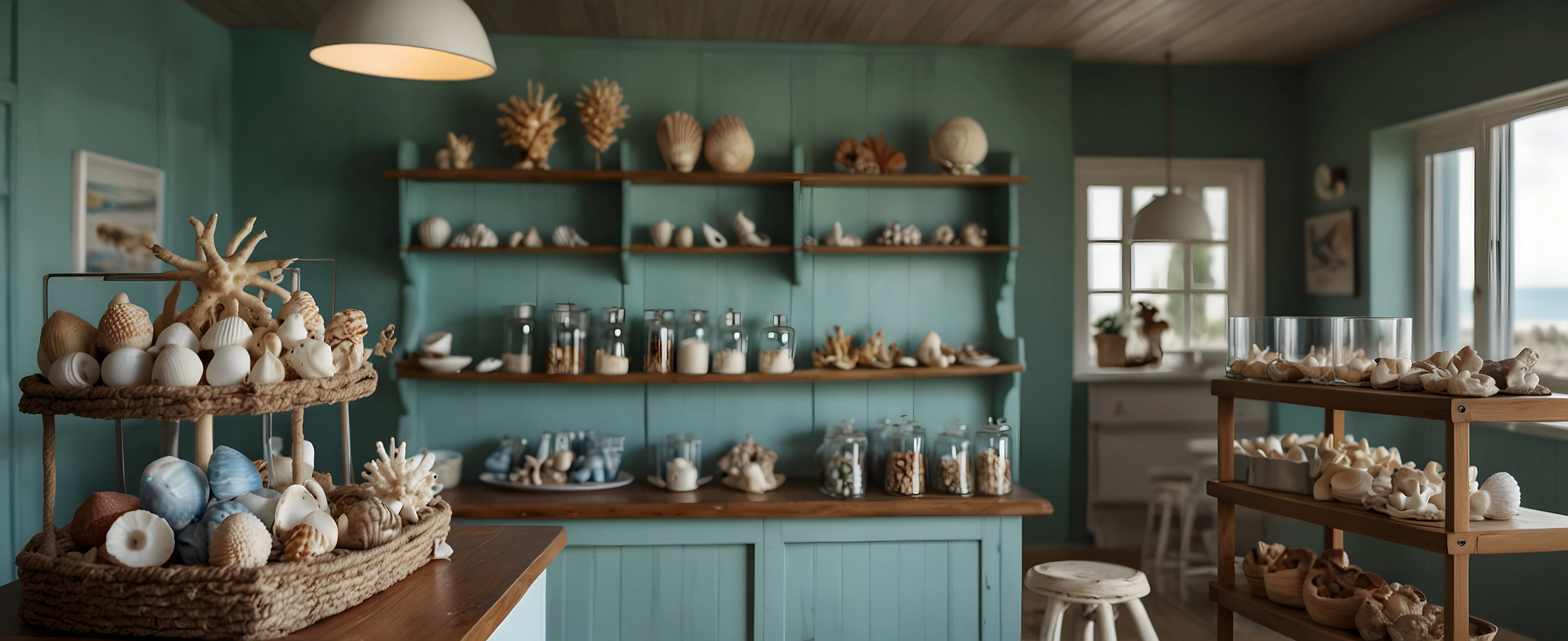 Küsten-Café mit maritimem Charme, meerinspiriertem Dekor und Muschelpräsentation im realistischen Naturthema.