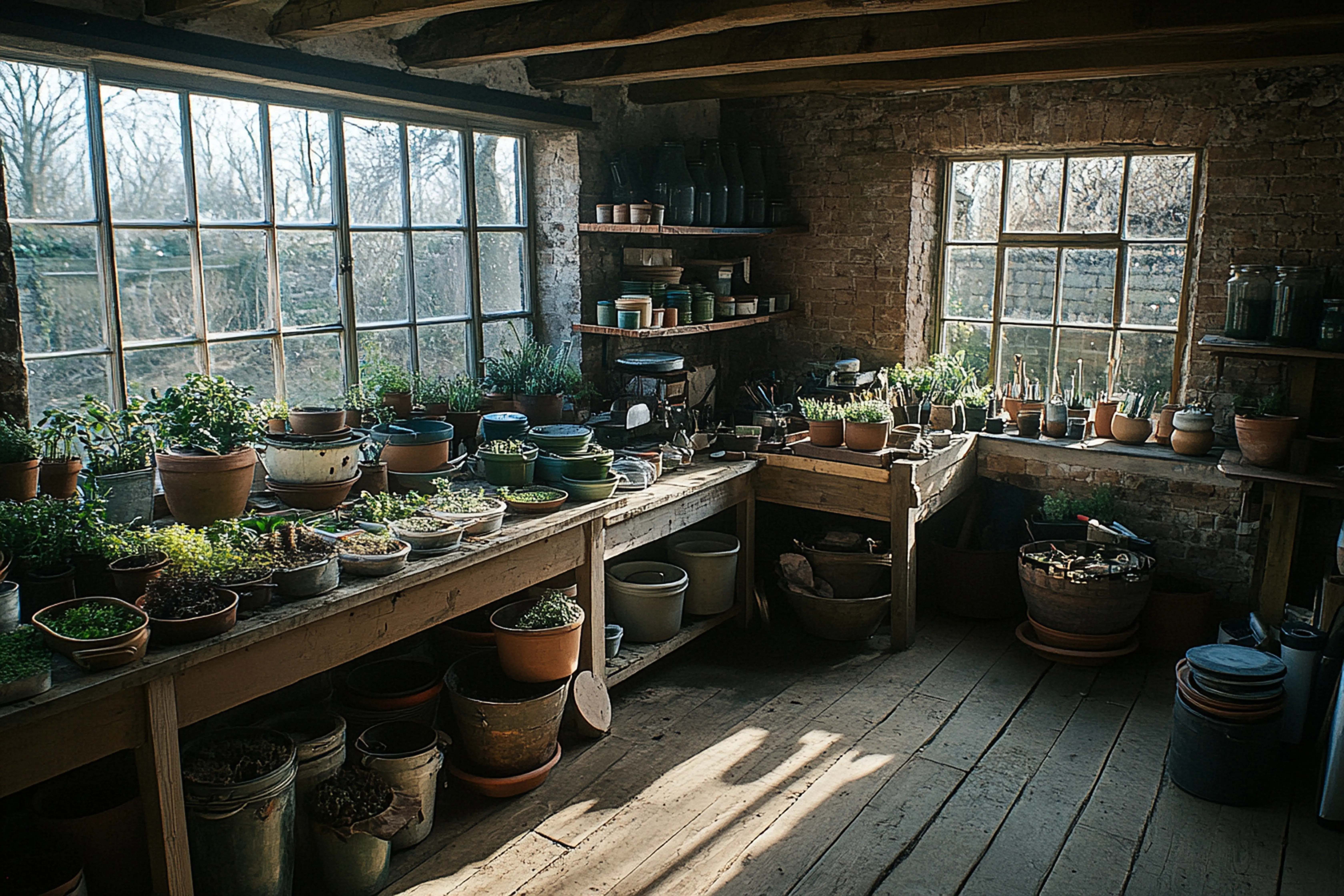 Foto eines Arbeitsbereichs im Garten mit Gartenwerkzeugen für den Heimgebrauch.
