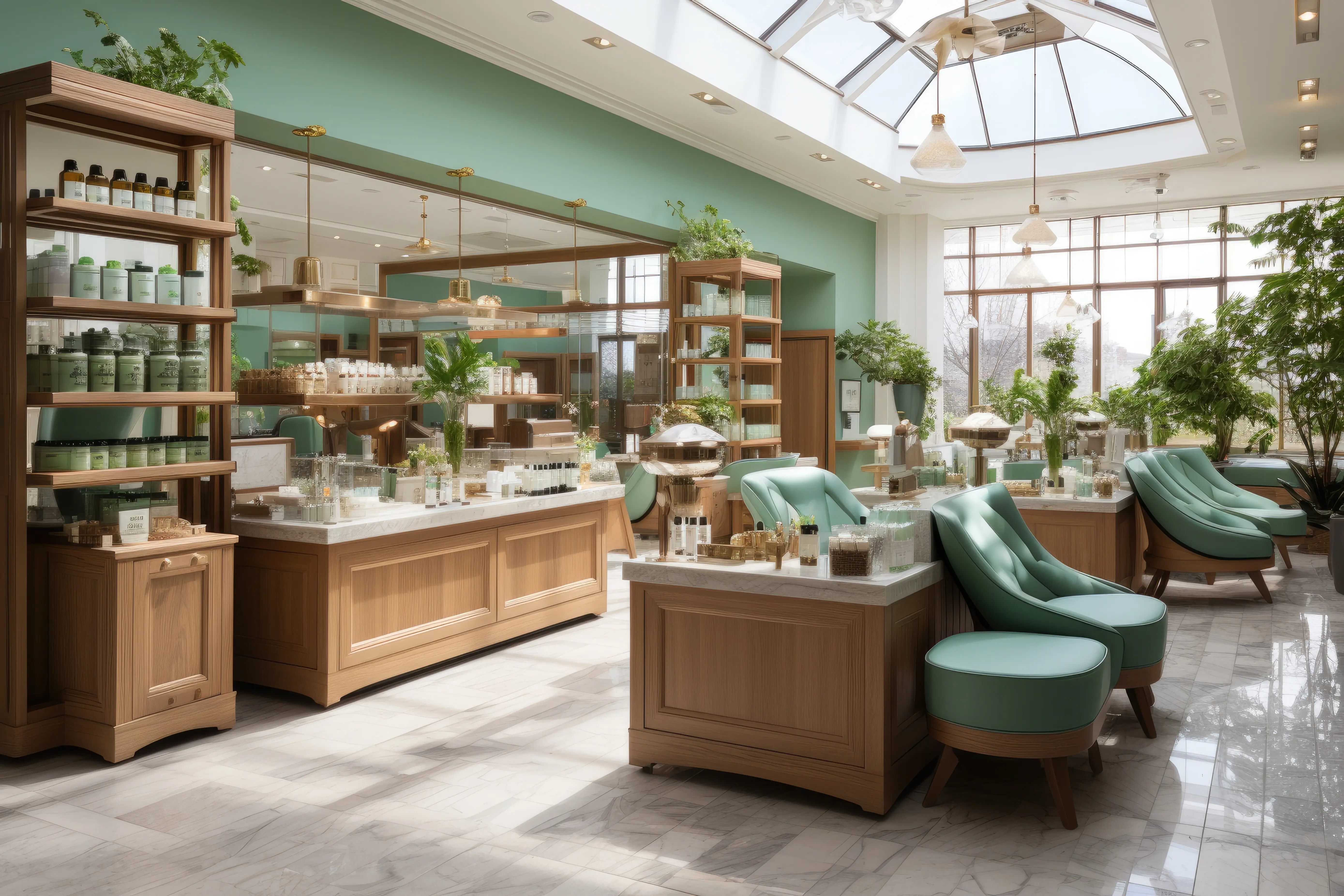 Saubere, minimalistische Innenarchitektur einer Apotheke, professionelle Fotografie.