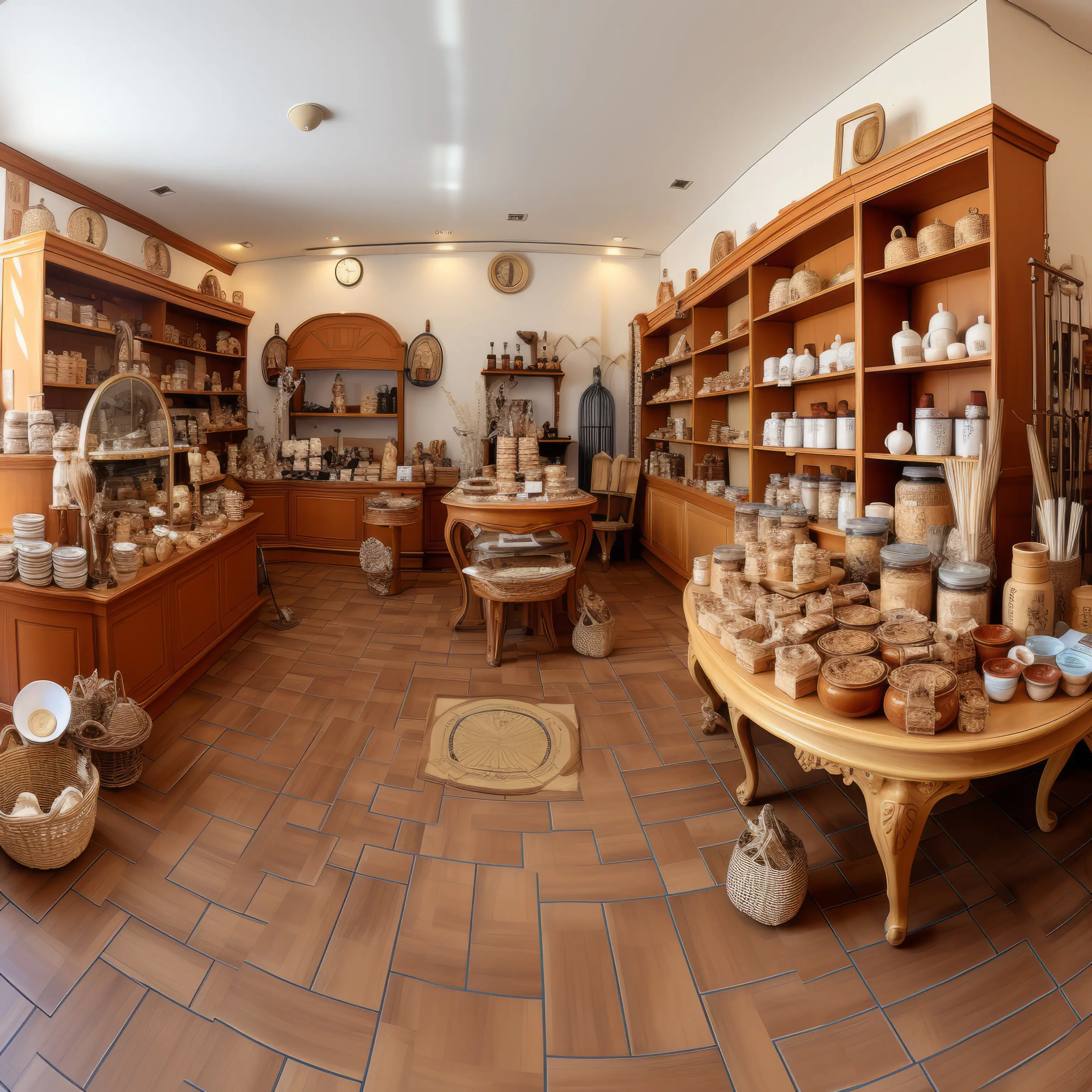 Eine Innenaufnahme eines Antiquitätengeschäfts im europäischen Stil mit Holzregalen und -theken, auf denen eine Vielzahl von Gegenständen ausgestellt ist, darunter Keramik, Glaswaren und Möbel.