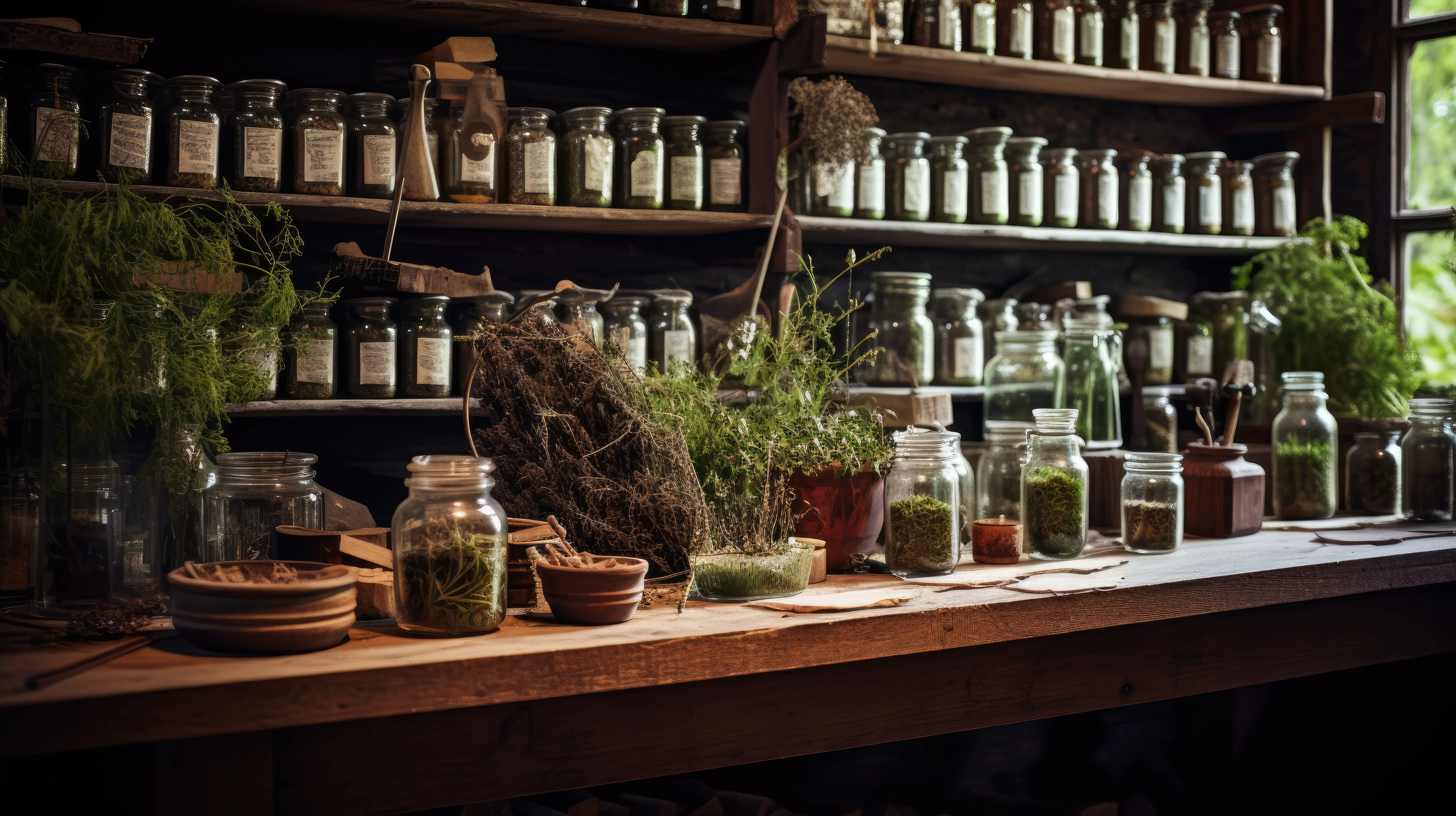 Eine rustikale Werkstatt eines Kräuterkundigen mit Gläsern, die getrocknete Veronica officinalis und Kräuterheilmittel enthalten, vor hölzernen Regalen, die mit traditionellen Werkzeugen und botanischen Büchern gefüllt sind.