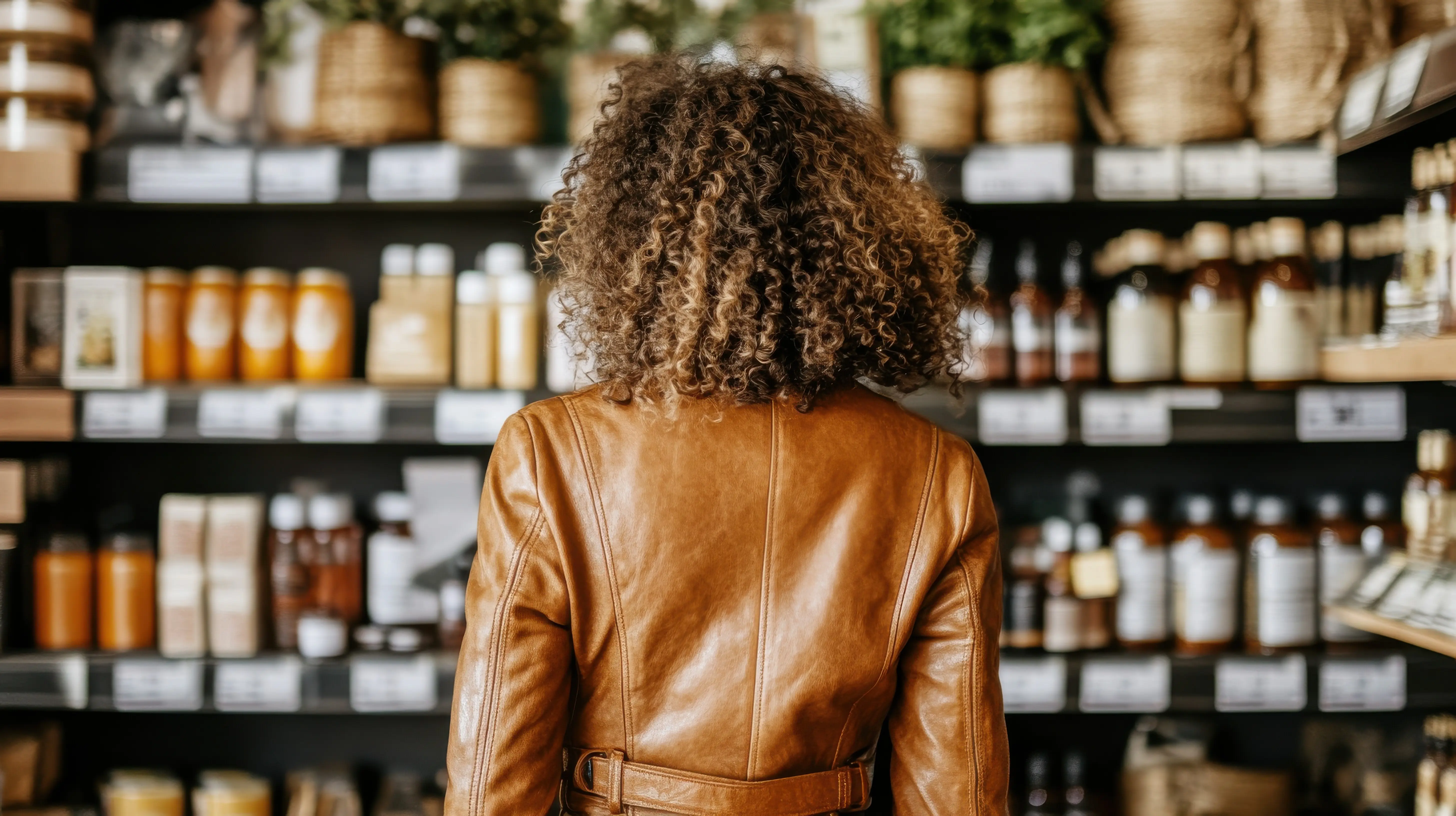 Rückenansicht einer Frau beim Einkaufen im Bioladen, umgeben von natürlichen Produkten.