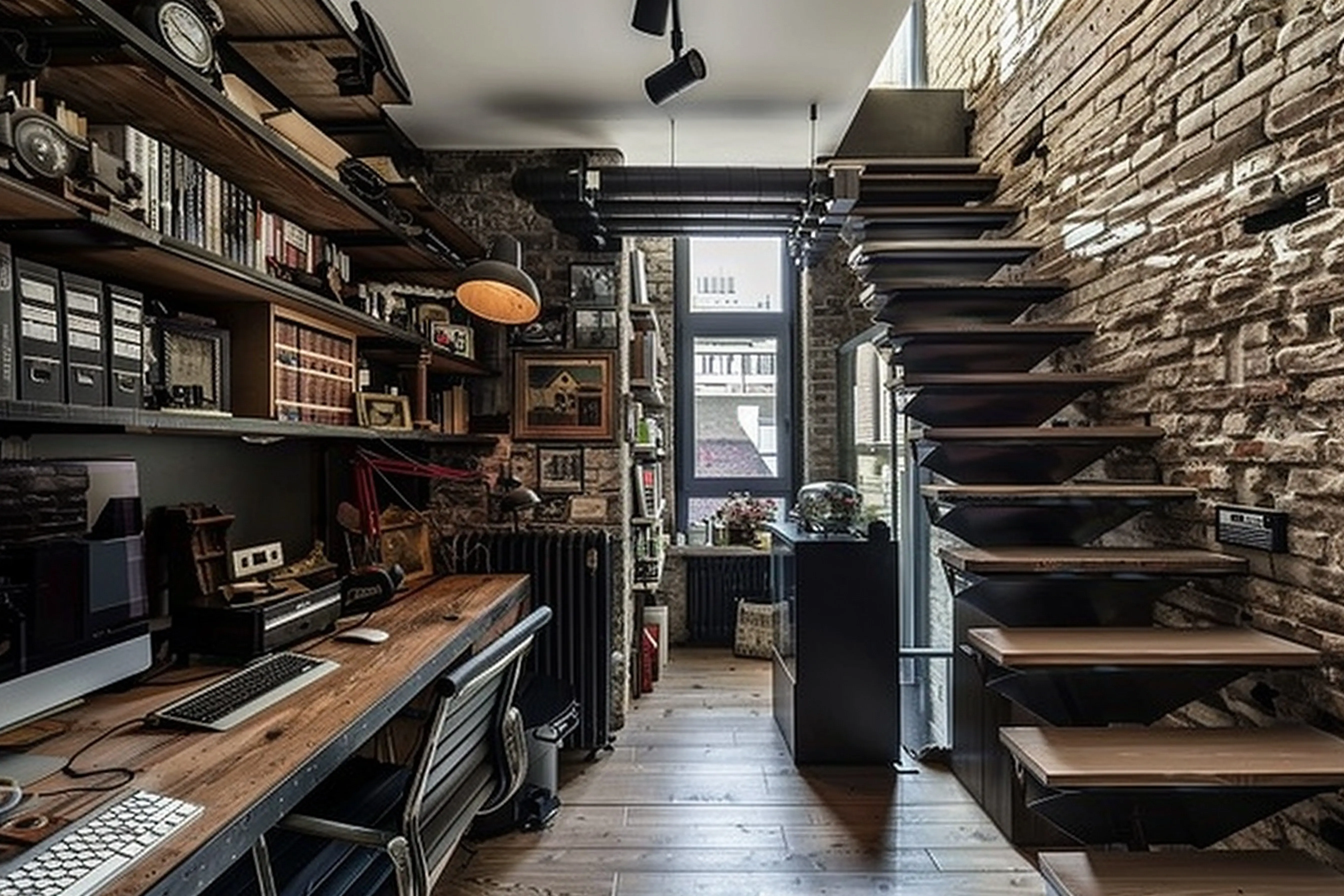 Homeoffice im urbanen Loft-Stil mit freiliegenden Lüftungskanälen.